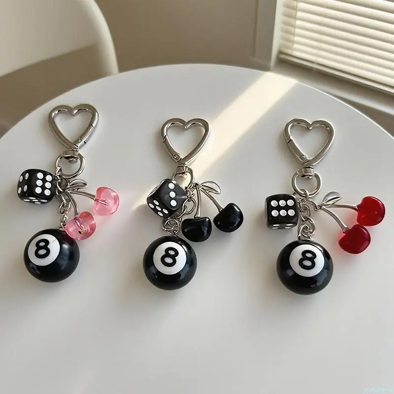 Unisex Keychain with Pink Cherry Pendant & Billiard Theme, Playful Cherry Dice Bag Charm, Metal Chain Purse Accessories daily casual matching match Halloween Natural Lip Balm Set