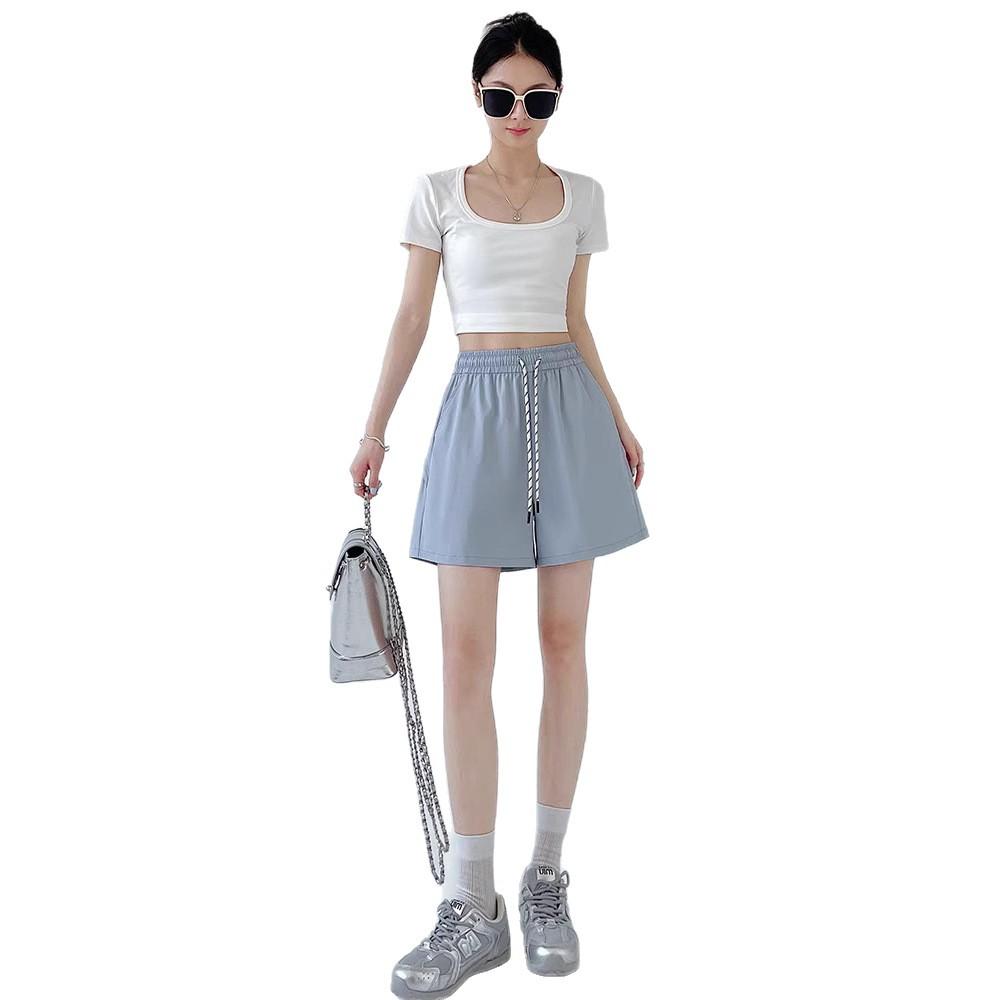 Blue quick-drying shorts women's summer 2026 new high-waisted outer wear casual wide-leg A-word sports five-point pants ro pa gym mujer