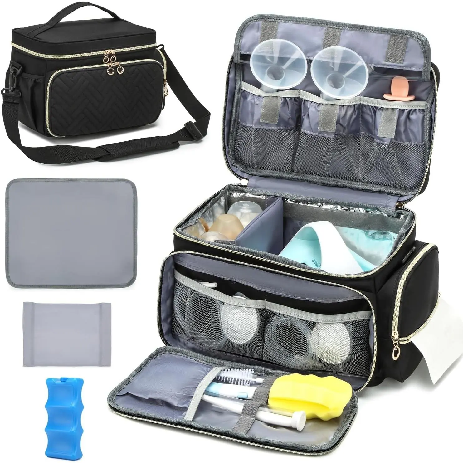 Portable Breast Pump Bag Fit for Spectra S1 S2, with Ice Pack & Waterproof Mat, Portable Breast Pump Storage Bag for Work Travel Family Use, Black
