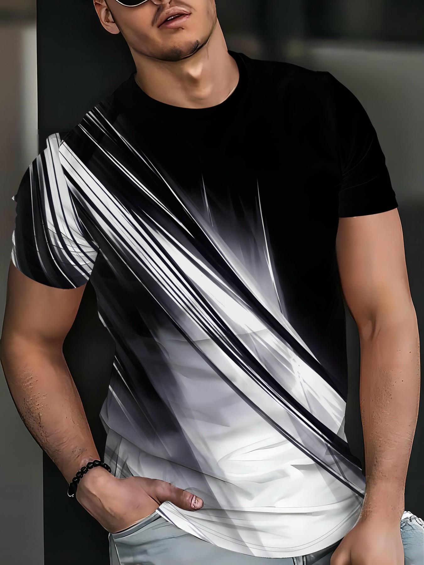 Summer Short Sleeve T-Shirt, Business Casual Round Neck Top, Youth Fashion All-Over Print, Breathable Ice Silk, Plus Size Slim Fit