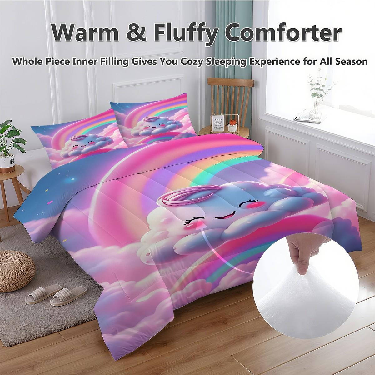 2/3 Dreamy and Cute Style Comfortable Comforter Set, Using Cute Cloud Printed Quilted Bedding Set, Soft and Breathable, Creating A Dreamy Atmosphere for A Girlish Bedroom. Includes 1 or 2 Pillowcases (Excluding Pillow Core).