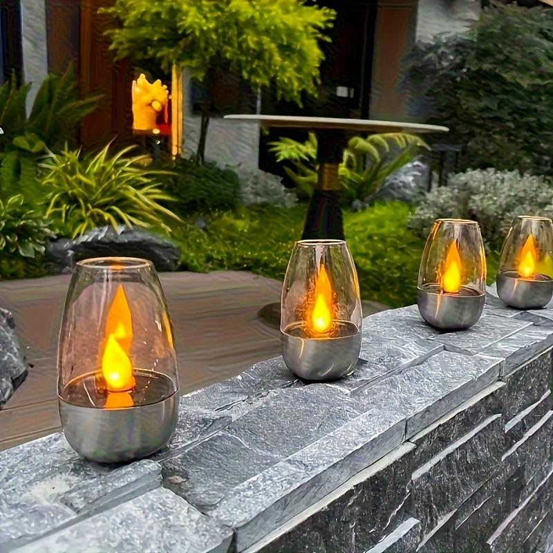 Solar Powered Flameless LED Candle Light, Decorative Outdoor Patio Lamp, Rechargeable 600mah Battery, Polished Metal Finish