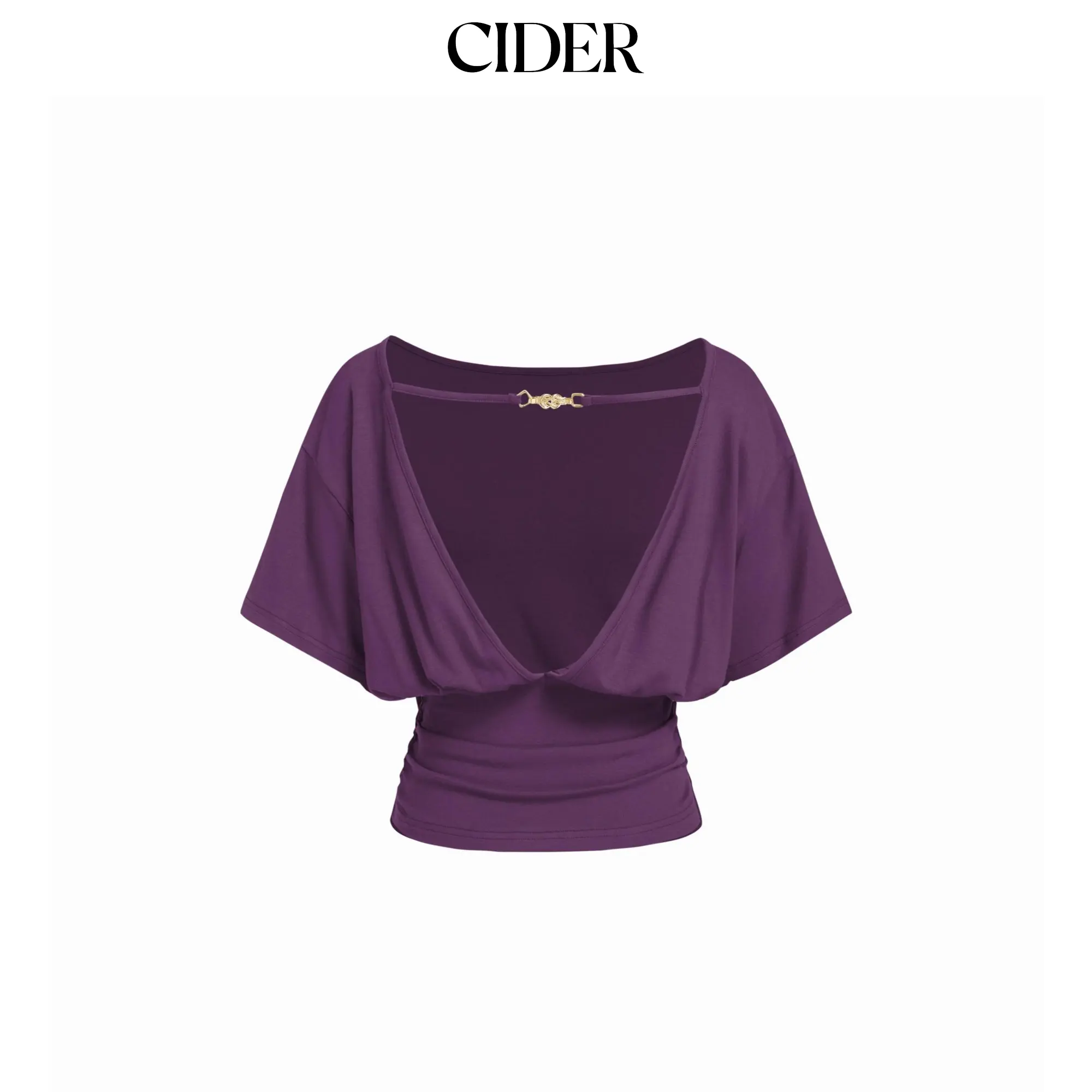 Cider Boat Neck Batwing Sleeve Backless Drawstring Metal Detail Oversized Crop Tee