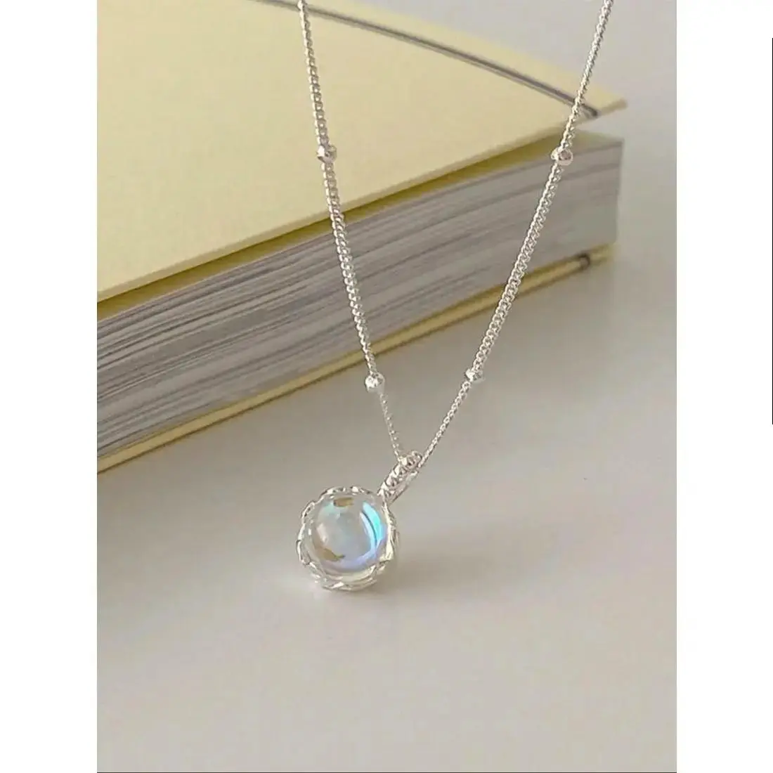 Women's Petal Moonstone Pendant Necklace - Dainty Silver Satellite Chain With Iridescent Crystal Glow, Clean Girl Aesthetic Jewelry For Valentine's & Birthday Gifts