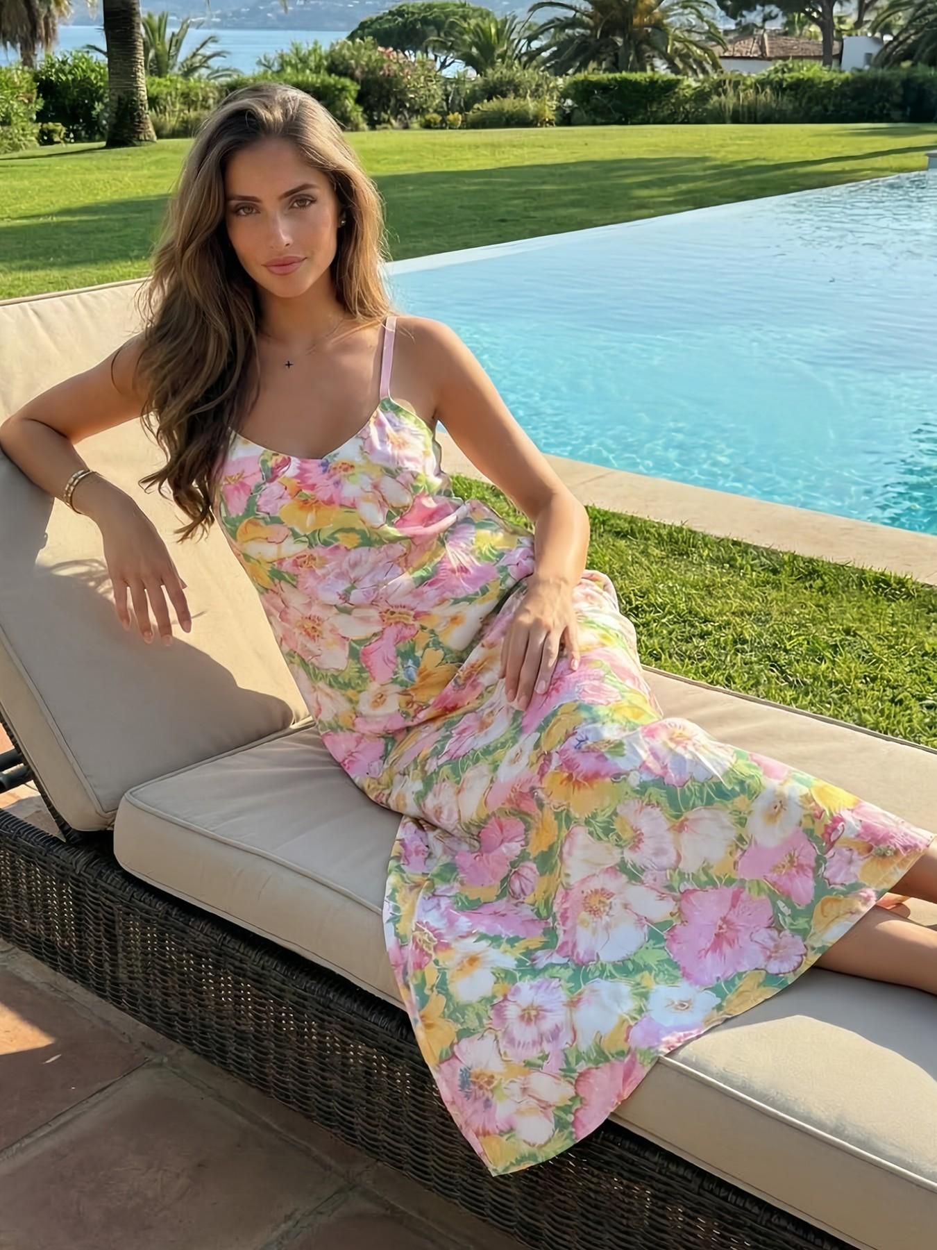 Women's V Neck Boho Dress, Floral Pattern All Season Long Sleeveless Beach Vacation Style, Summer New Arrival