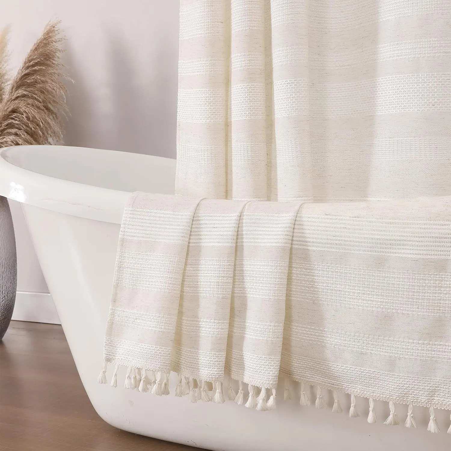 Natural Linen Shower Curtain for Bathroom, Boho Farmhouse Rustic Striped Shower Curtain with Tassel, Textured Heavy Duty Vintage Country Bathroom Curtain, 72Wx72L Inches