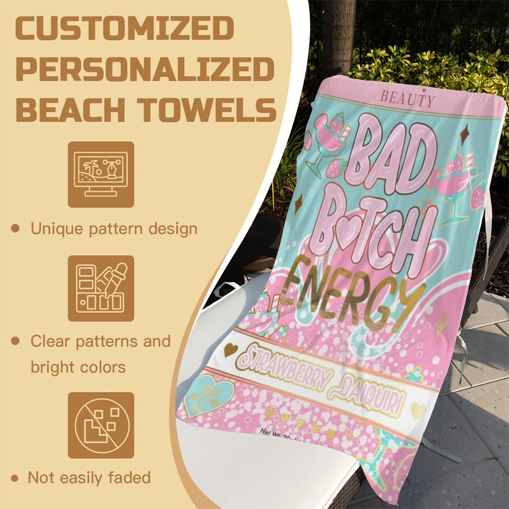 Bad B*tch Energy Beach Towel, Oversized Cute Print Pool Towel, Quick Dry Sand Free Camping Towel, Soft Absorbent Bath Towel Blanket, Summer Beach Pool Essential, Perfect Travel Gift