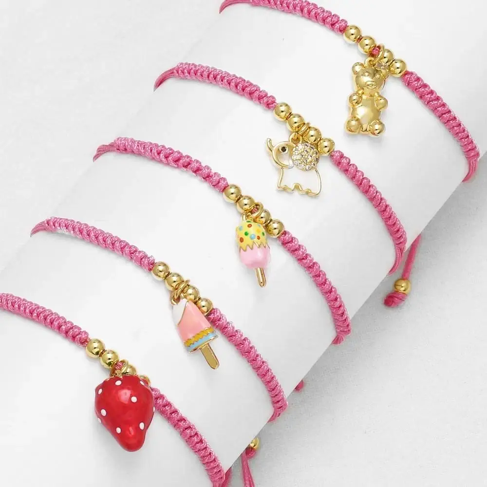 Cute Enamel Strawberry & Animal Charm Bracelet – Trendy Gold Plated Dainty Rope Chain, Adjustable Fuchsia Braided Wristband for Daily Wear, Aesthetic Birthday Jewelry Gift for Women Teens