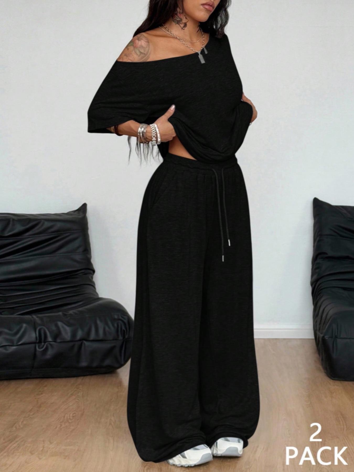 2pcs/Set Women's Minimalist Basic Daily Wear Casual Going Out Sport Comfortable Off Shoulder T-Shirt And Wide Leg Pants Two Pieces Outfits