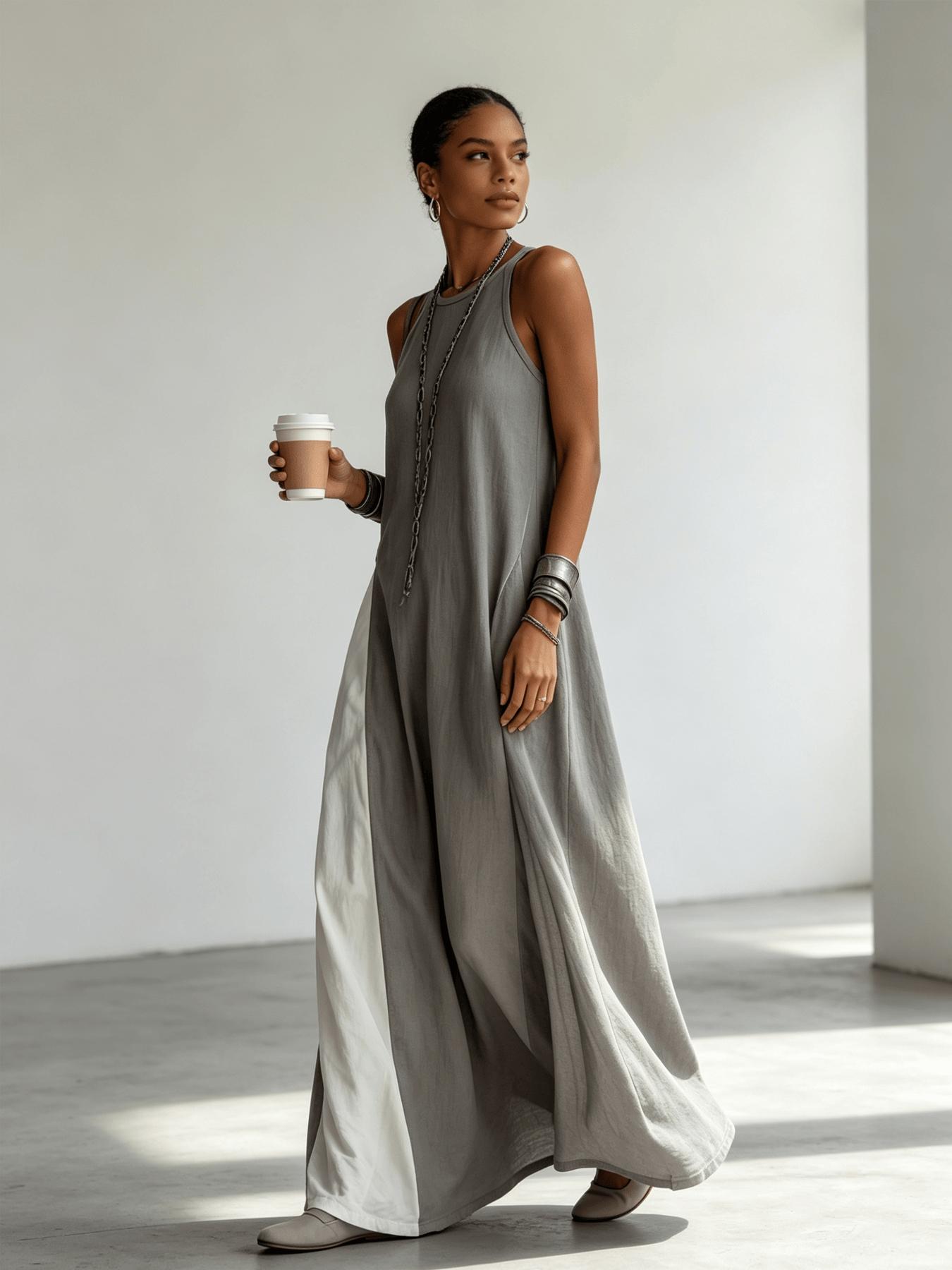 A women's color-blocking dress, Casual Beach Dress, Beach Resort Wear, with sleeveless vest, draping and flesh-concealing long skirt, suitable for summer, beach vacation, exploring shops, attending exhibitions, dating, and enjoying afternoon tea