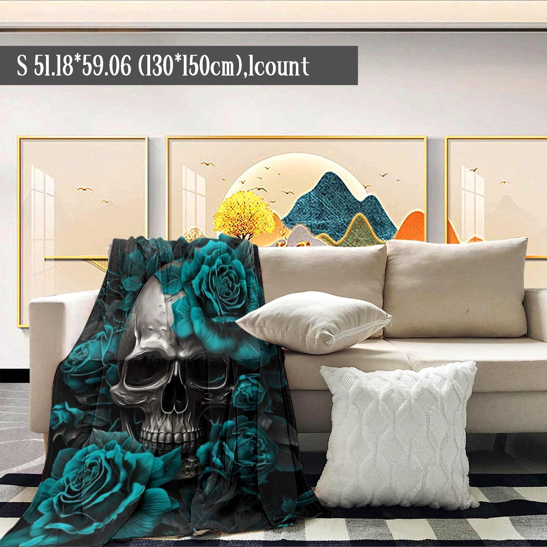 Skull & Rose Pattern Blanket, Soft Warm Throw Blanket, Cool Bedroom Bedding Blankets, Warm Napping Blanket for Home Office Travel