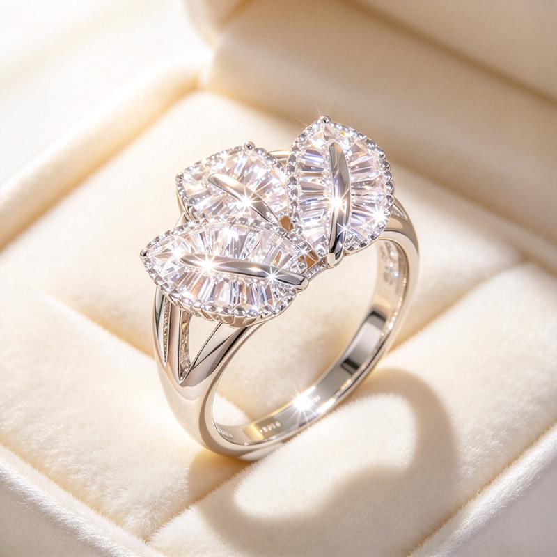 Three Leaf Cluster Tapered Baguette Stone Ring for Women, Statement Cocktail Ring, Ideal Gift for Valentine’s Day, Christmas, Anniversary and Party