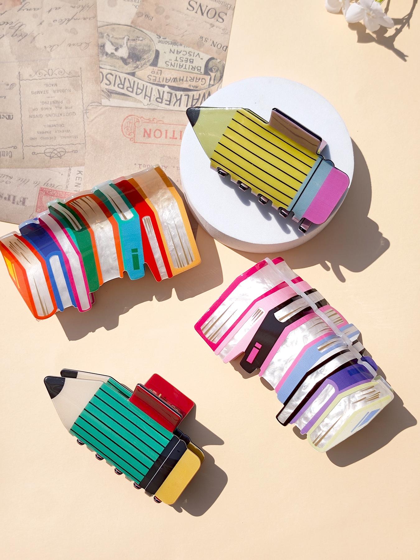 Cute Pencil & Book Design Hair Clip in Claw, 2 Counts Colorful Creative Stationery Themed Hair Claws, Hairpins, Fashion Hair Accessories for Women & Girls