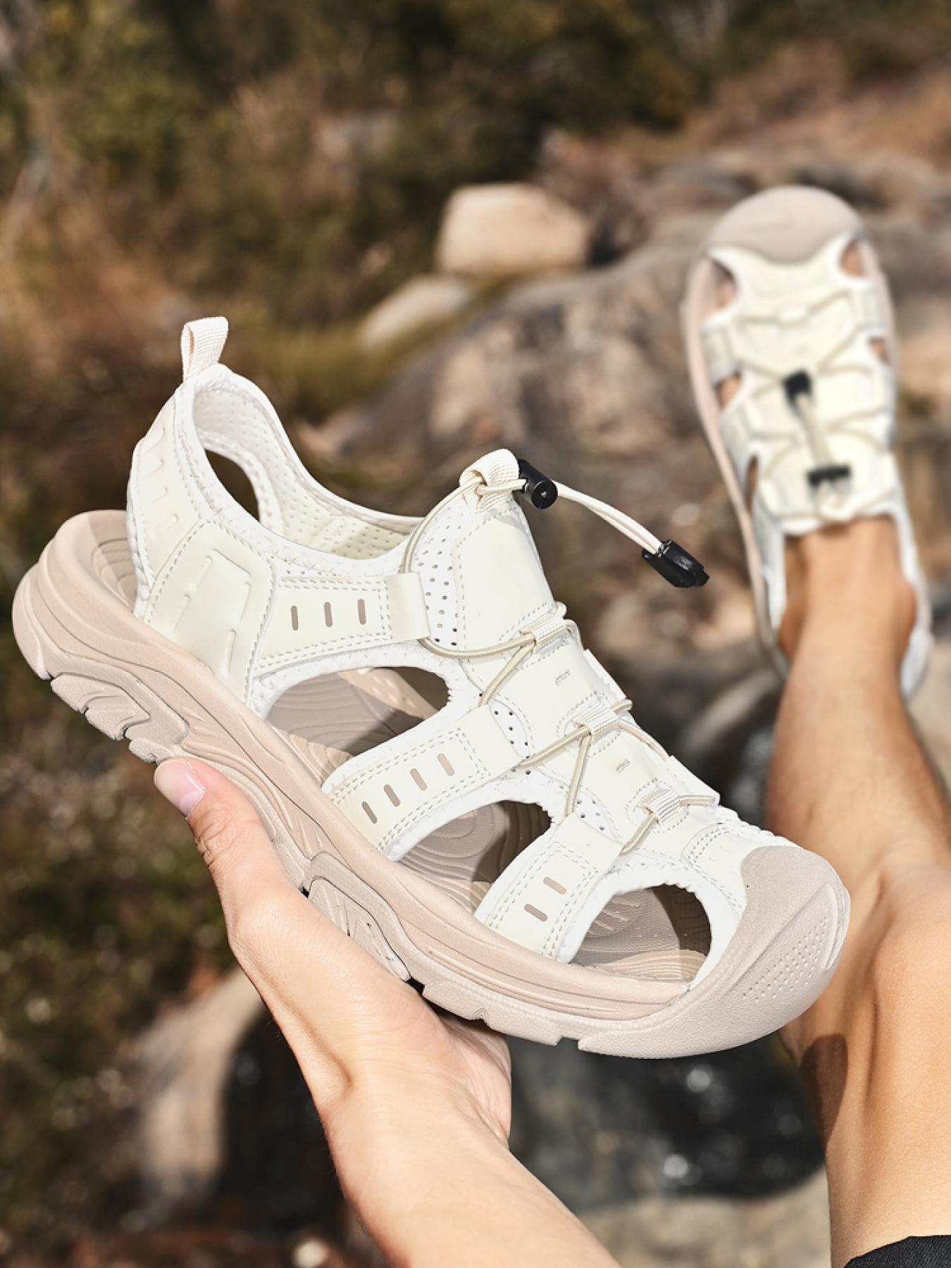 Men's Black and White Drawstring Closed-Toe Outdoor Sandals Thick-Soled Non-Slip Hollow-Out Water Shoes Breathable Durable Beach Hiking Shoes