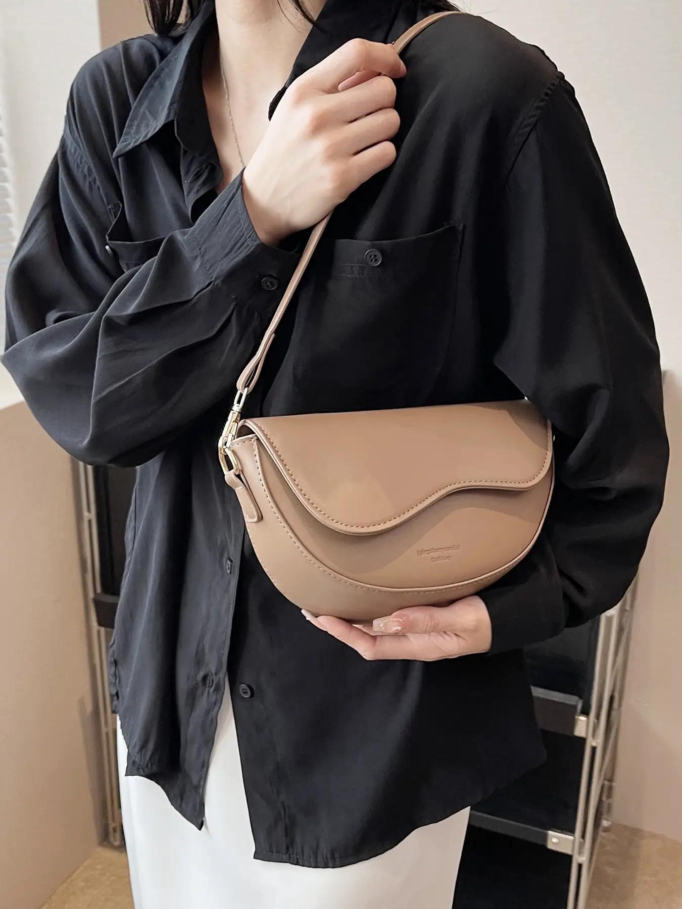 Women's Retro Solid Color Saddle Bag, Wide Shoulder Strap Messenger Bag, Fashionable Classic Popular Shoulder Bag, Suitable for Daily Outing