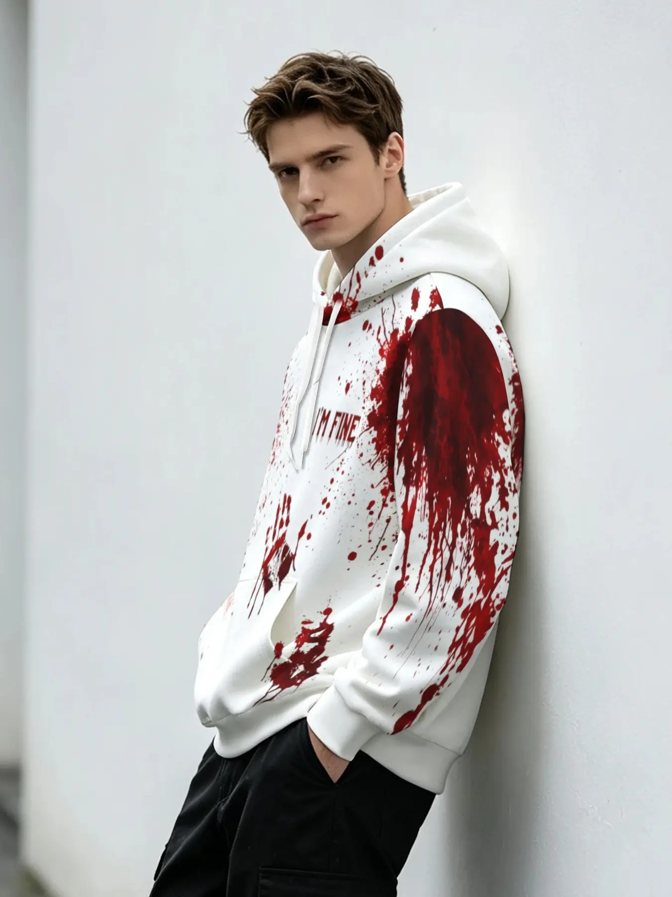 Men's Halloween 3D Horror Blood Handprint Hoodie, Dark Ink I'm Fine Print, Casual Long Sleeve Pullover, Slim Fit, All Seasons