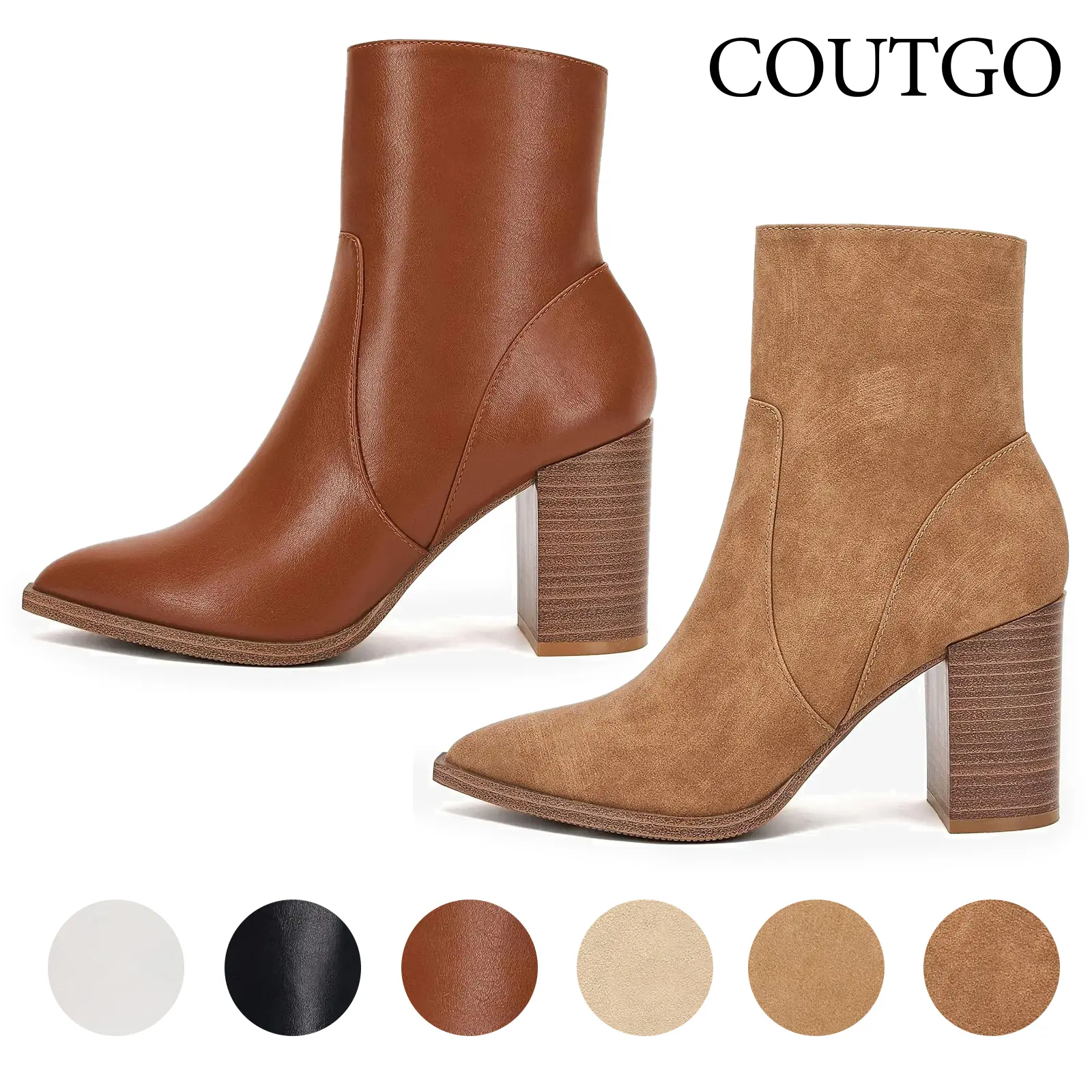 Coutgo Women's Pointed Toe Ankle Boots Chunky Stacked Heel Side Zipper Faux Leather Ankle Booties tiktokshopbacktoschool