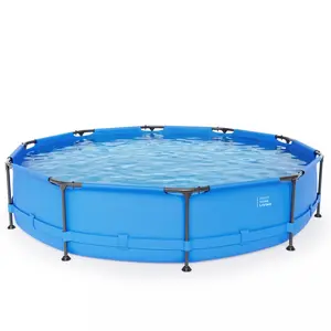 12FT x 30IN Round Above-Ground Pool with Blue Iron Frame, Sturdy Metal Frame Family Swimming Pool for Backyard, Patio, Garden, Easy Assembly