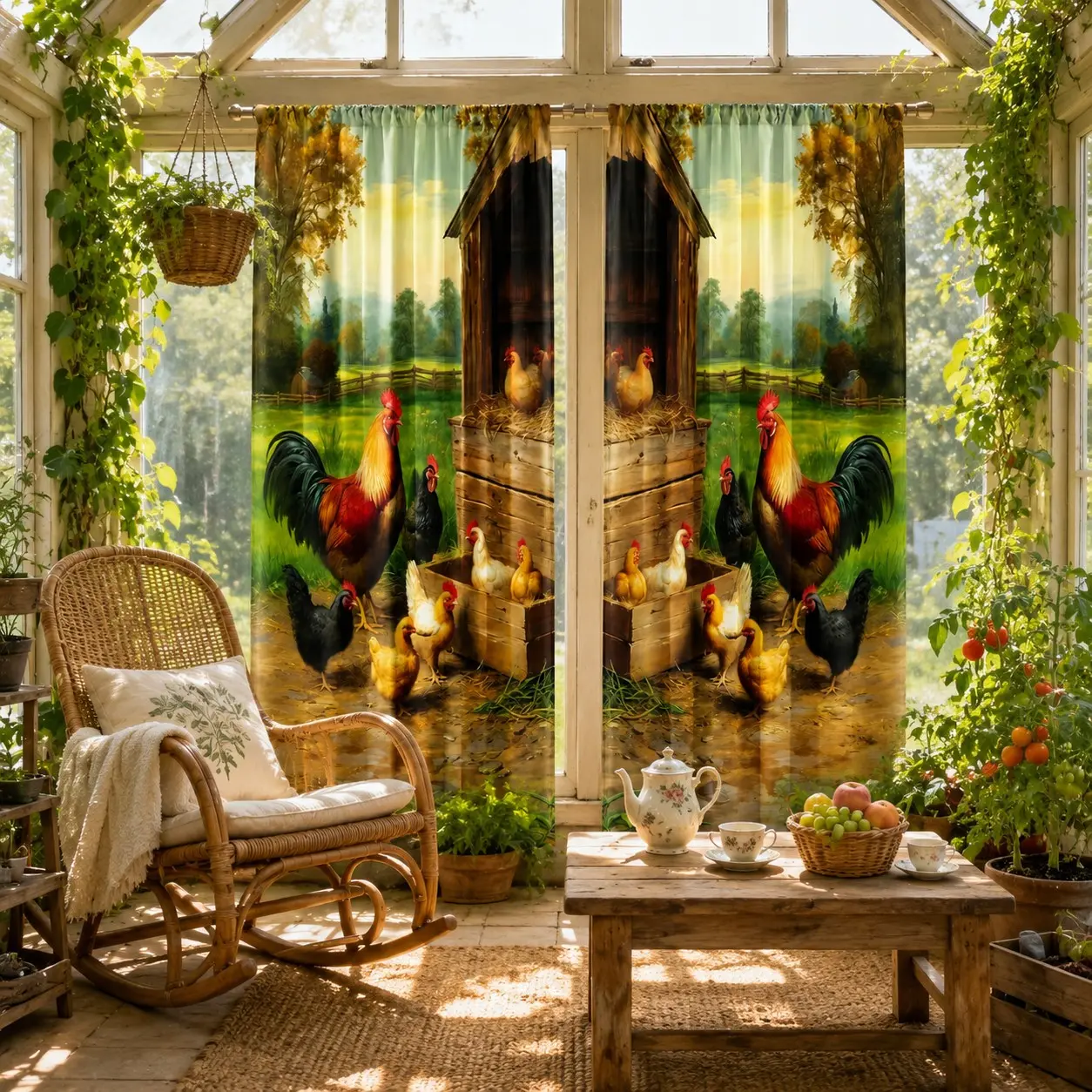 Two-Piece Farm Rooster Print Curtains, Rustic Countryside Scene, Chicken Coop Pattern, Ideal for Bedroom and Living Room, Natural Atmosphere