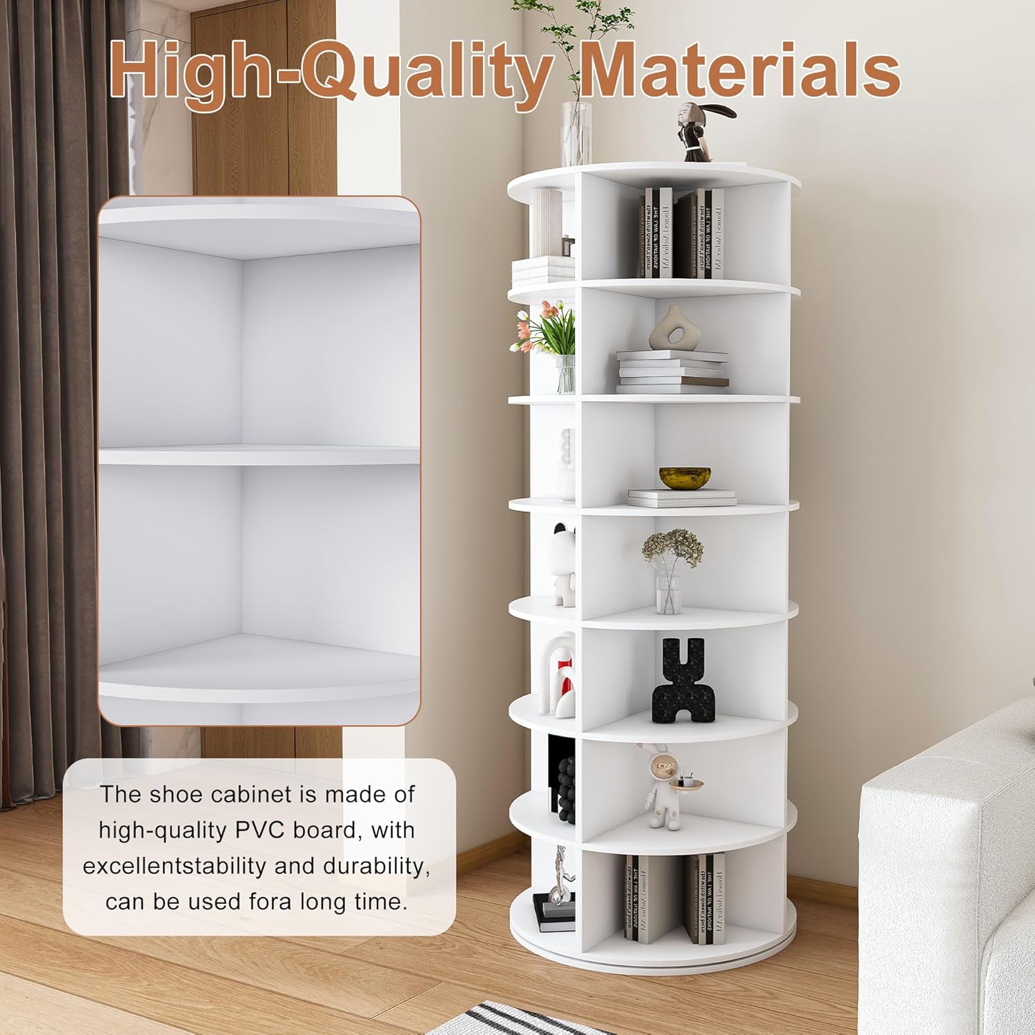 7-Tier Rotating Shoe Rack Tower, Holds 28 Pairs of Shoes - 360° Spinning Floor Storage Organizer, Free Standing for Closet/Bedroom/Entryway, Space Saving, White Box Leather