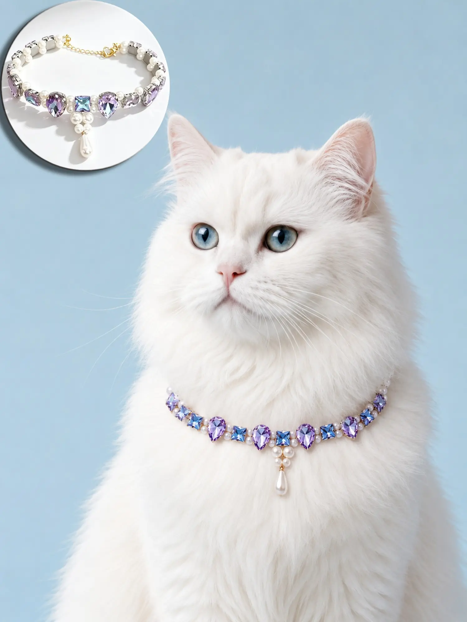 Adjustable Pet Necklace for Cats and Dogs, Purple Blue Rhinestone Faux Pearl Collar with Teardrop Pendant, Elegant Birthday Photo Outfit Accessory for Small Medium Pets
