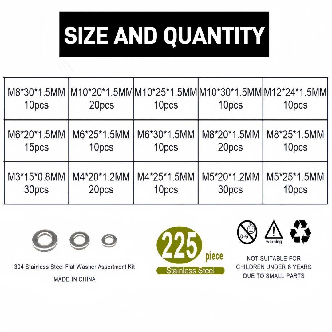 Stainless Steel Flat Washer, Mixed Size Flat Washer Set, Durable and Sturdy Flat Washer Assortment Kit for Home and Industrial Use, Heavy Duty