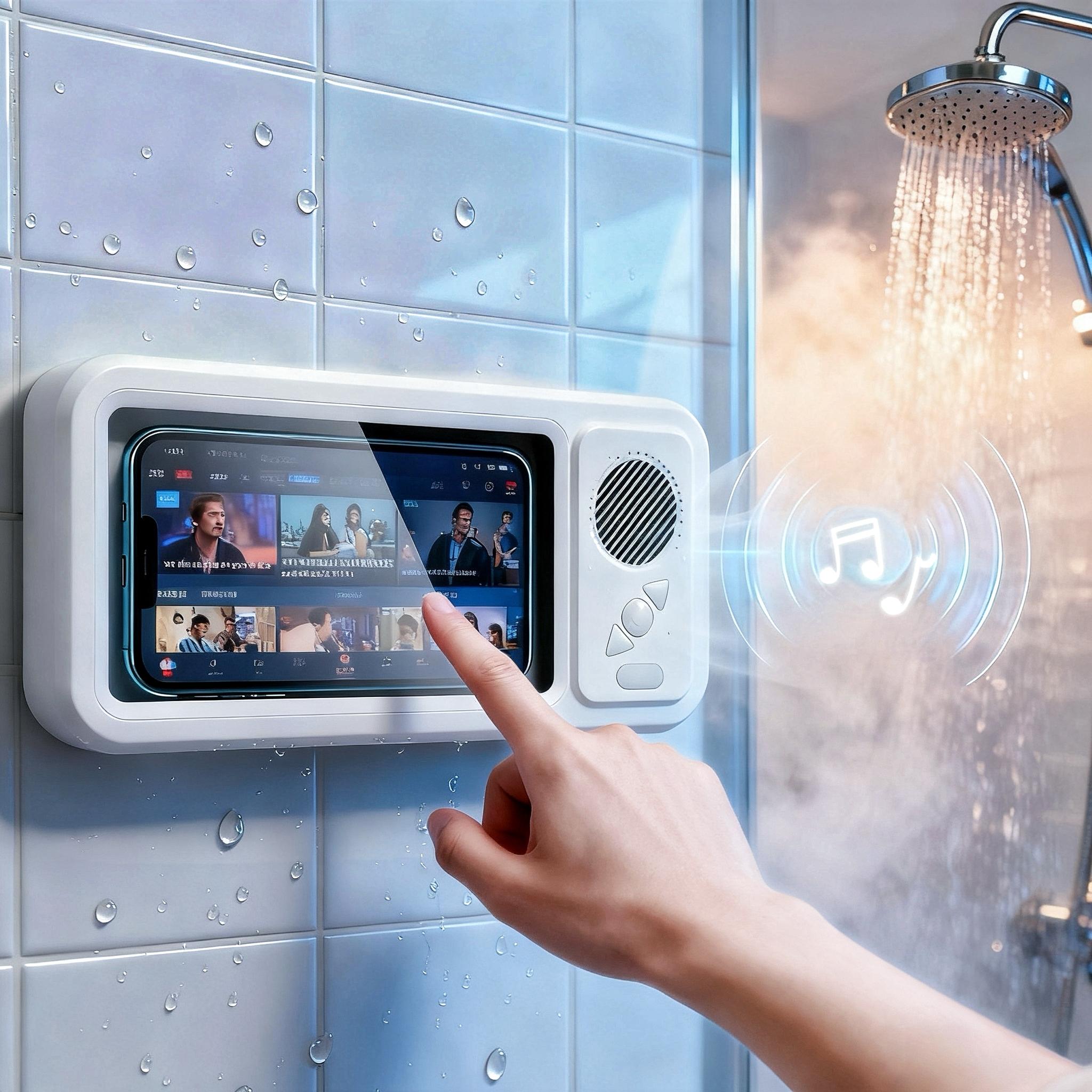 Waterproof box speaker, bathroom waterproof 360 ° rotating touch screen, Bluetooth speaker, watch movies, listen to music, phone holder Bluetooth speaker audio shower TV holder, Multifunctional Wireless Speaker, swimming pool, kitchen, bathroom, sink