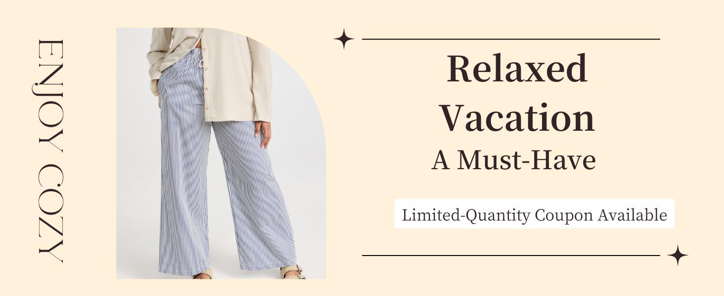 Ommig Striped Drawstring Wide-Legged Trousers for Women, Elegant Commuting and Vacation Long Pants