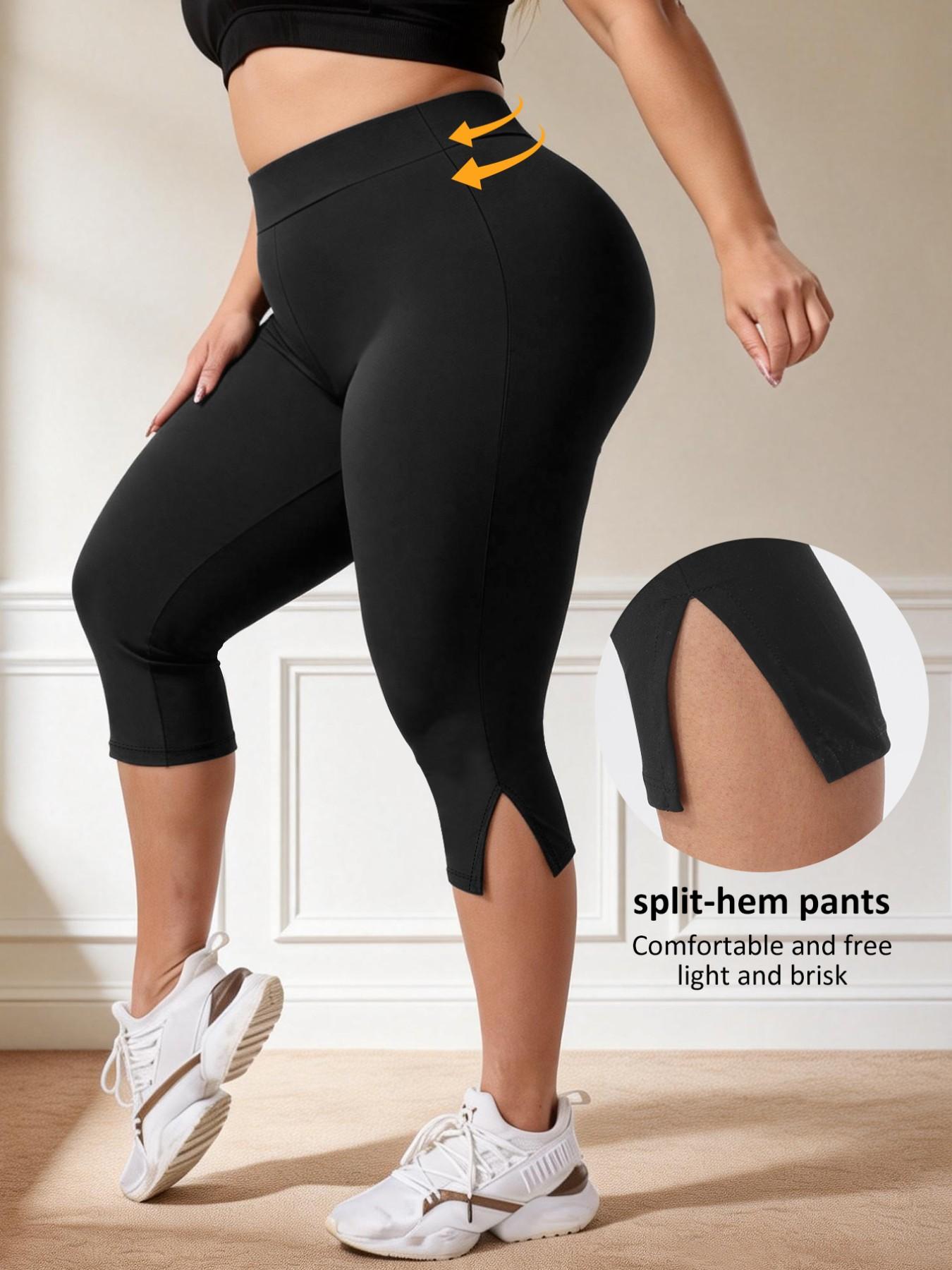 Women's Plus Size High Waist Seven-Quarter Pants, Split Thigh Design, High Elasticity Abdominal Control Tight Fit, Soft Comfortable Fabric, Gym Workout Leggings
