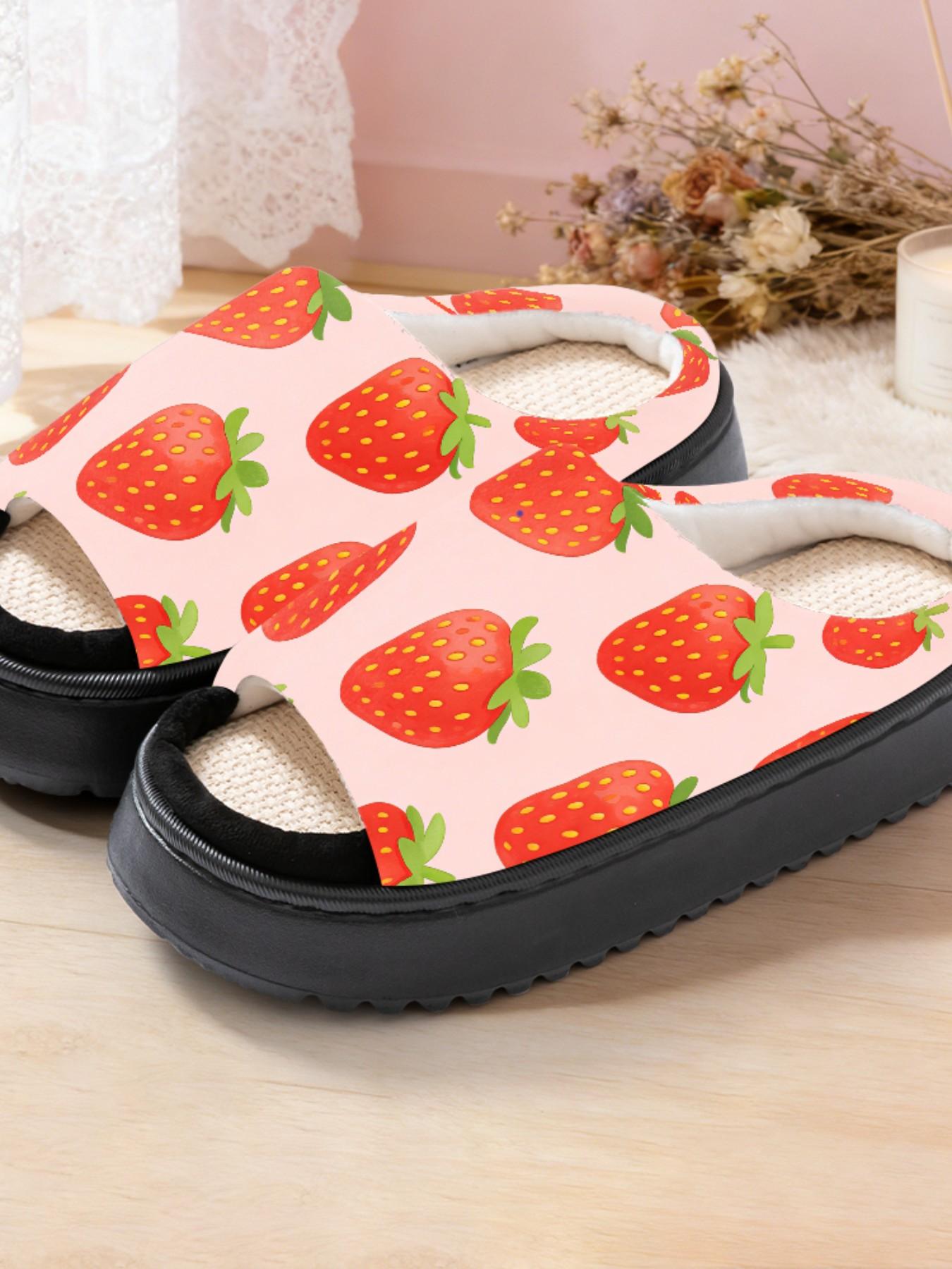 Sweet Strawberry Print Linen Open-Toe Sandals, Casual Textile Eva Sole, Less Than Ankle Height, All Seasons Cartoon Pattern