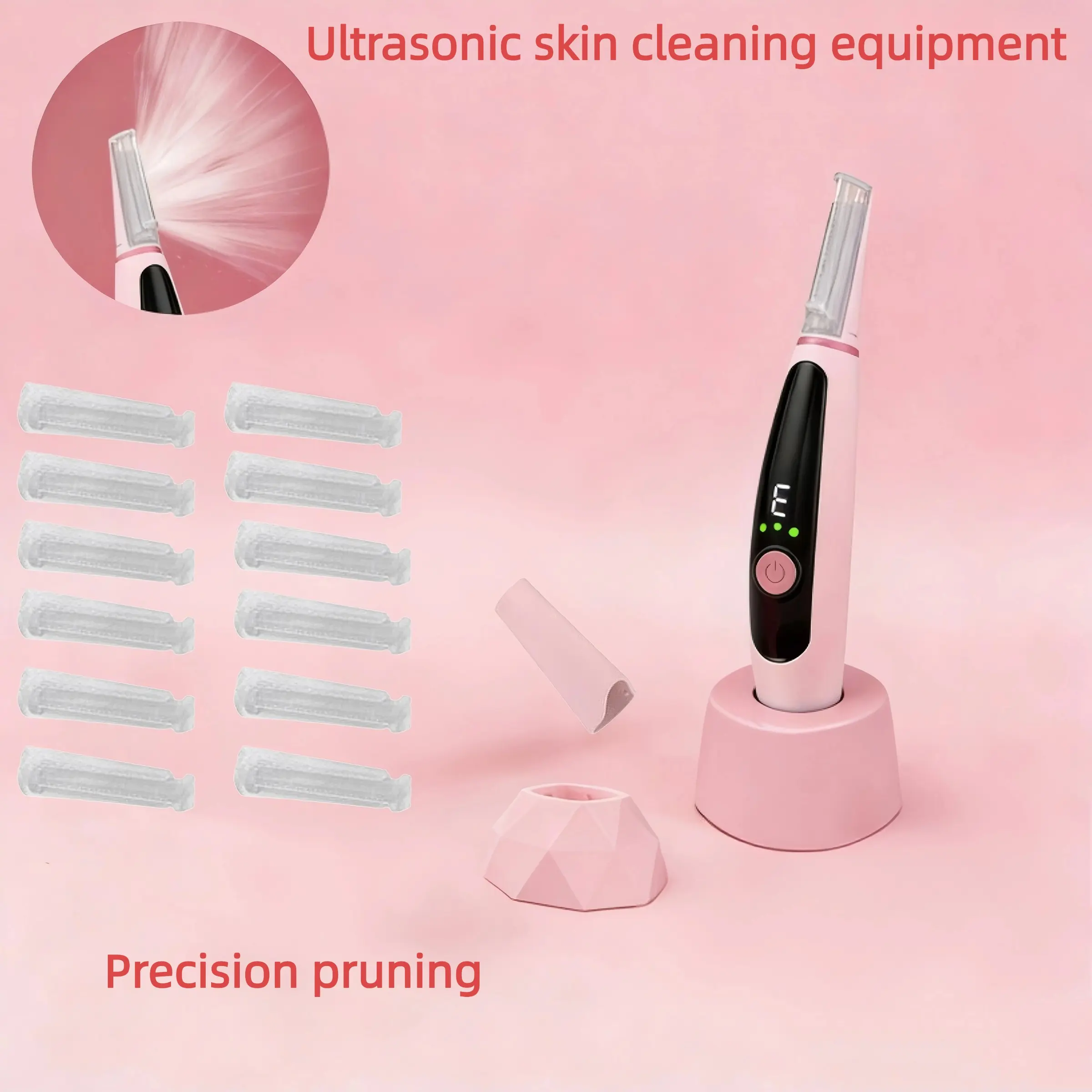 Ultrasonic Skin Cleaning Device, 12 Replaceable Heads, Precise Trimming Without Irritation, Long-Lasting Charging Base, Home Use Gentle Cleanser