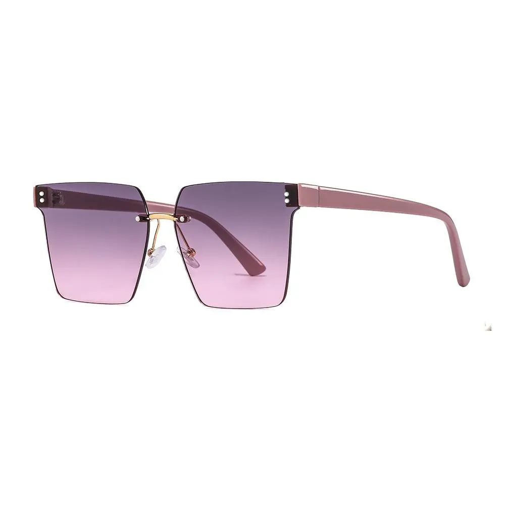 Rimless Oversized Square Sunglasses for Women, Brown Lens Sun Glasses with Pink Temples, Chic Fashion Streetwear Eyewear for Daily Wear