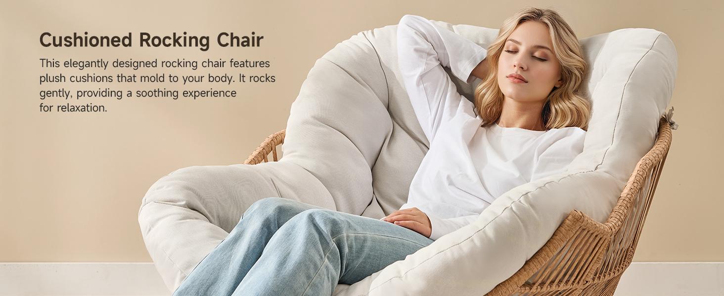 【Double-Side Fabric & SPOTLIGHT DAY】ONBRILL Oversized Indoor Outdoor Rocking Chairs, Comfy Papasan Rocking Chair with Padded Cushion, Rattan Wicker Lounge Chair, Modern Reading Accent Chair for Balcony Garden, LivingRoom Furniture,Christmas Gift