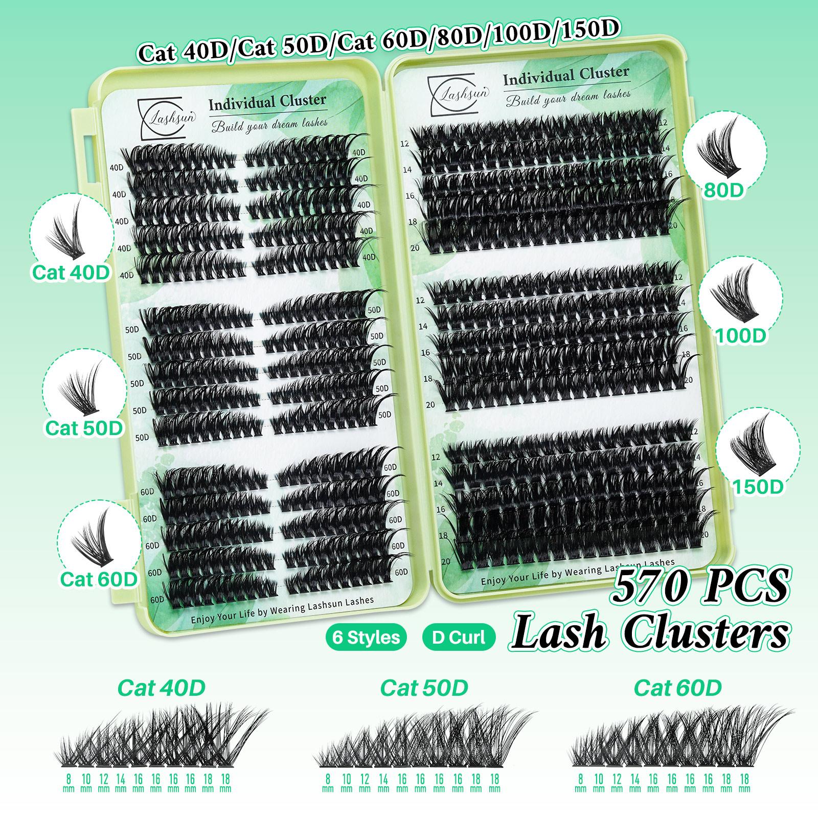 1915 PCS Lash Clusters Kit D Curl 11 Styles Cat/Volume/Bottom Lashes Kit with Bond&Seal, Eyelash Glue, Lash Remover Brush Lash Applicator Headband Wristband set, Cosmetic Eyelash Extension, and Lash Shampoo&Brush, for Beginners&Proficient