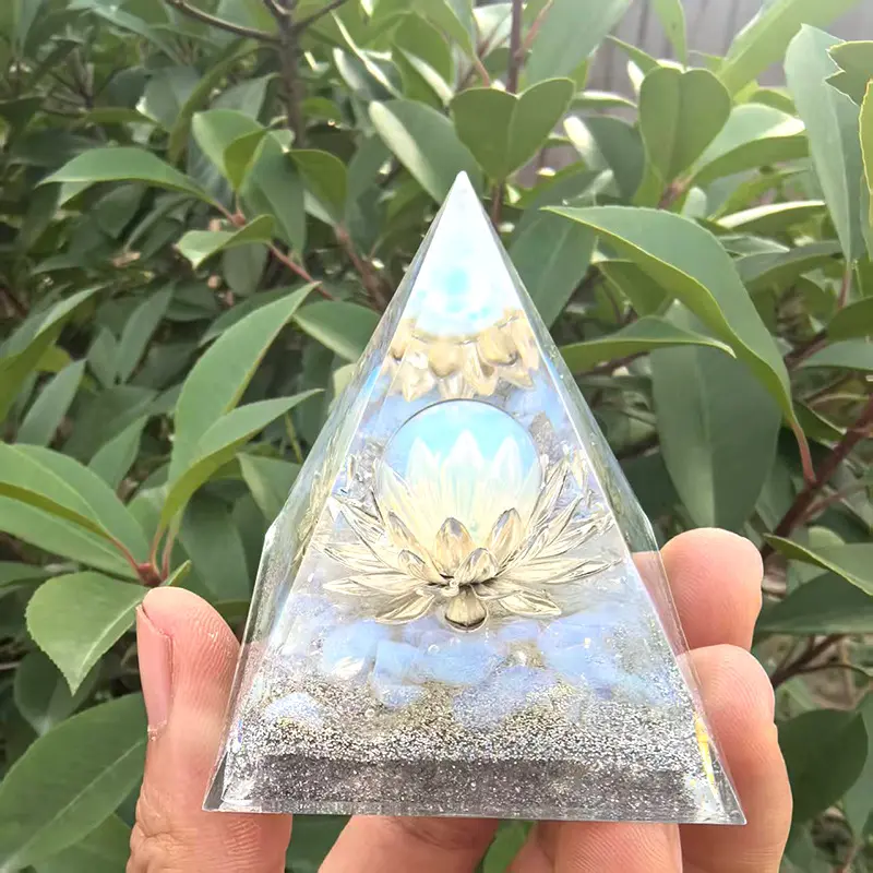 Crystal Sphere Orgone Pyramid, Natural Crushed Crystal Resin Orgonite Pyramid, Energy Healing Stone Desk Ornament, Handmade Reiki Balance Figurine, Aesthetic Home Room Decor, Spiritual Gift
