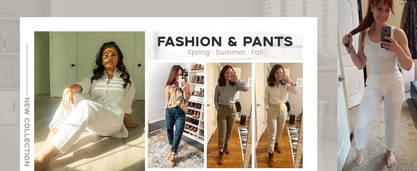 Tanming Women's Linen Pants Casual High Waisted Drawstring Beach Trousers Elastic Waist Tapered Bottoms Basic Style Comfortable Lightweight Cotton Linen Blend