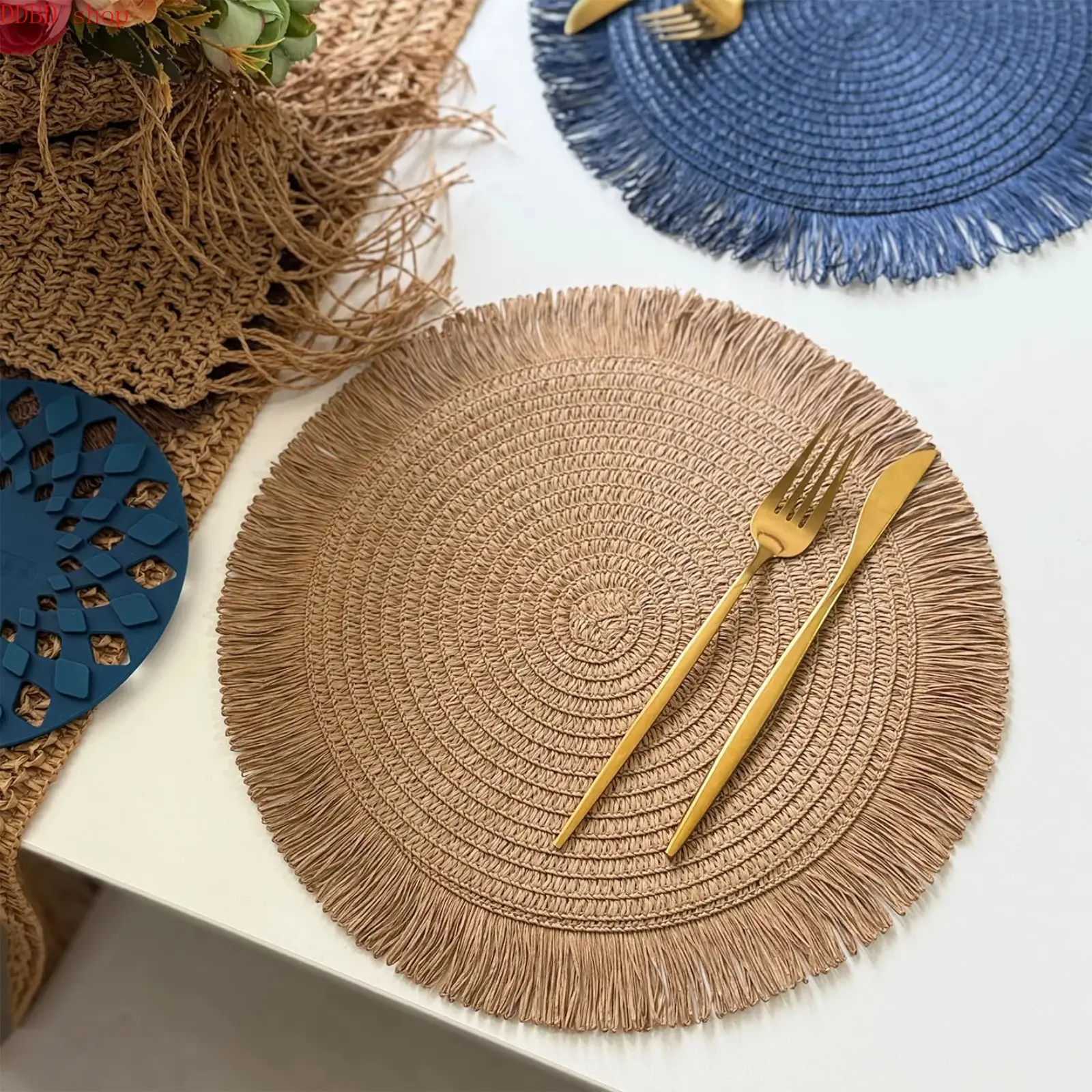 Round Woven Paper Table Placemat with Tassel Edge - Plain, Non-Slip Household Dining Table Mat, Kitchen Decorative Placemat for Christmas, Engagement Ceremonies Home Use, Table Placemats