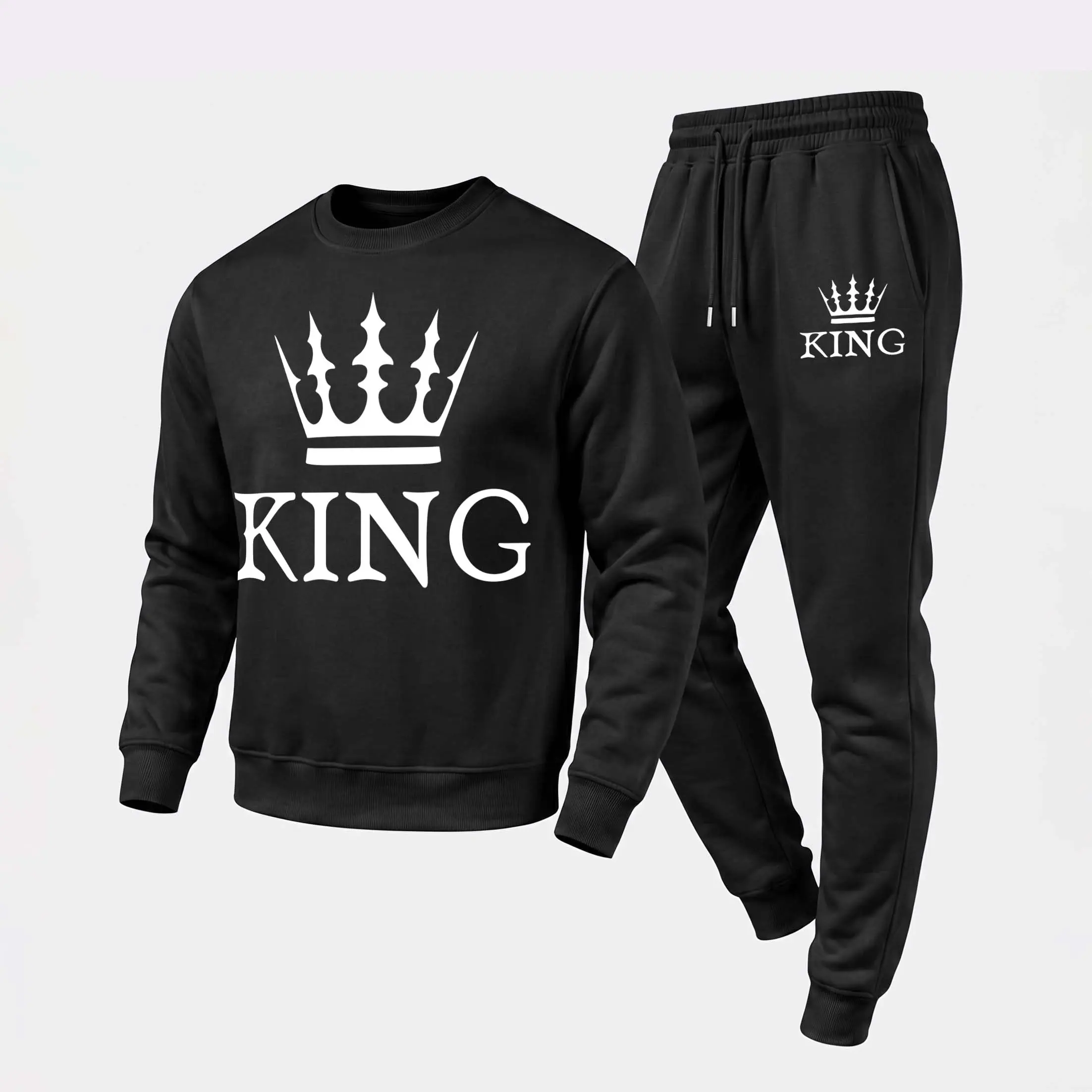 Men's The Word "King" And A Crown Graphic Crewneck Sweatshirt And Jogger Pants Set, Casual Long Sleeve Pullover With Drawstring Sweatpants, Fall Winter Tracksuit For Daily Wear, Travel, Lounge, Workout And Indoor Outdoor Activities