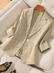 Solid color texture seven quarter sleeve suit jacket for women, available in multiple colors, with a single button waist cinched casual jacket for commuting, slim, fitted and versatile top
