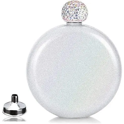 Cute Liquor Flask for Women, Pretty Glitter Coating Whiskey Steel Flasks,Shining Rhinestone Cap,Portable Wine Flask for Drink Wedding Gifts for Women,5 oz