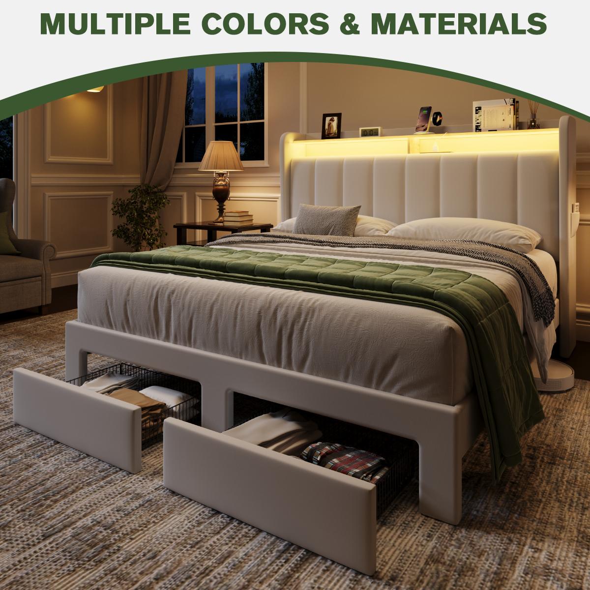 MUTICOR Upholstered Bed Frame with LED Shelf Headboard & 2 Drawers, Linen or Velvet Fabric, Smart Outlets,Full/King/Queen Bed Frame, No Box Spring Needed#TikTokShopBlackFriday #ChristmasGifts MUTICOR Upholstered Bed Frame with LED Shelf Headboard & 2 Drawers, Linen or Velvet Fabric, Smart Outlets,Full/King/Queen Bed Frame, No Box Spring Needed#TikTokShopBlackFriday #ChristmasGifts