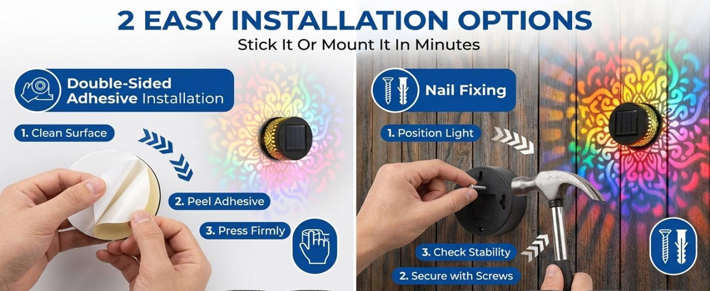 2Pcs Solar Mandala Hollow-Out Projection Wall Light – 7 Color Changing RGB, Waterproof Metal Fence Lights, Outdoor Lighting Essentials Decorative Lamps for Yard, Garden, Patio, Backyard Decor