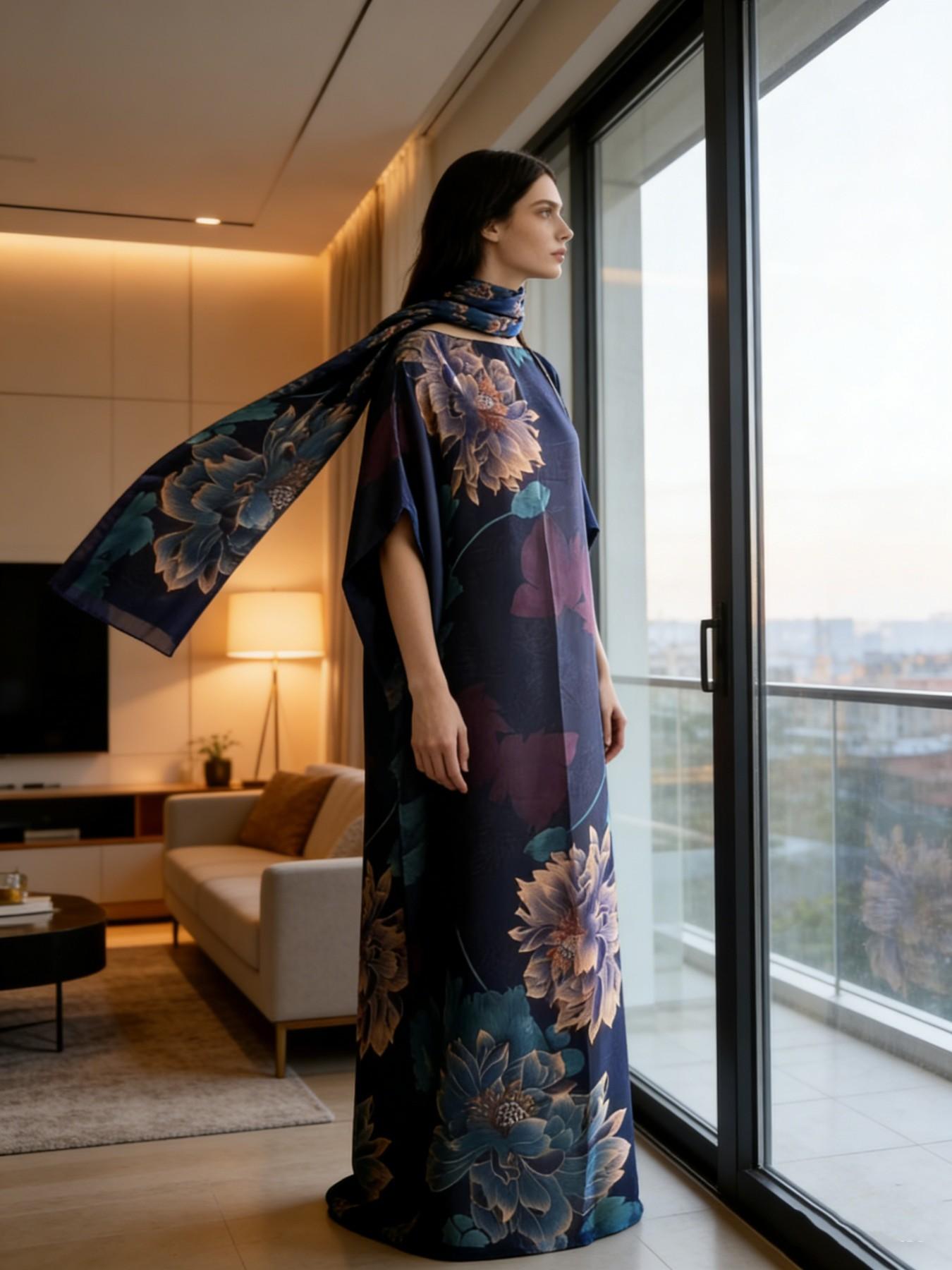 1dress+1scarf Viral Emerald Green Floral Print Satin Kaftan Maxi Dress with Matching Scarf – Silky Loose Fit, Plus Size Friendly, Luxury Loungewear, Beach Cover Up & Evening Party Wear, Must-Have Resort Fashion Piece