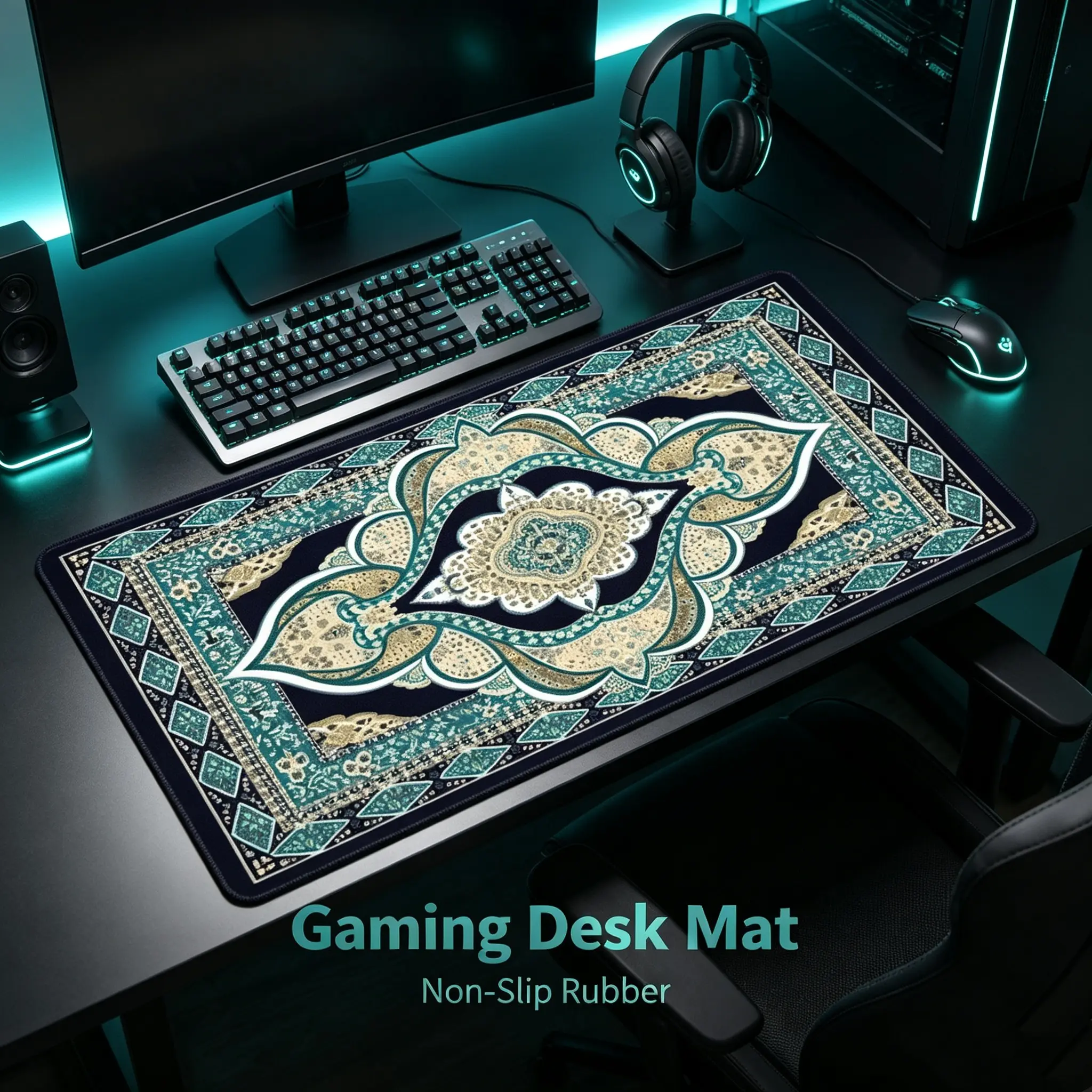 Vintage Persian Oriental Rug Pattern Large Extended Gaming Mouse Pad, Bohemian Ethnic Floral Mandala Non-Slip XXL Desk Mat, Rubber Keyboard Mat for Home Office PC Desktop Decor