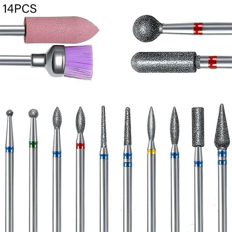 14-Piece Diamond Drill Bit Set, Professional Electric Milling Cutter, Rotary File, Exfoliating Nail Drill Bits, Beauty Accessories, Manicure Kit