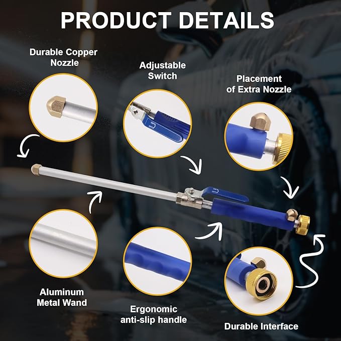 High Pressure Jet Hose Nozzle, Power Washer Wand with 2 Nozzles, Leak-Proof for Car Wash, Gutter, Pets & Window Cleaning