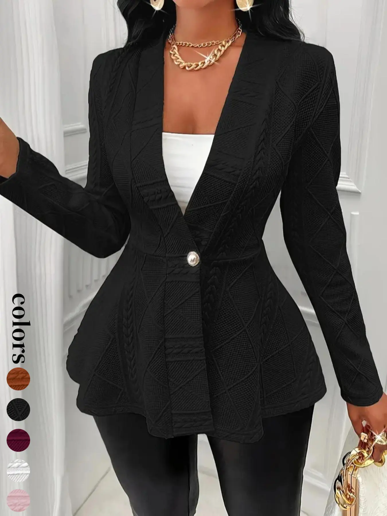 【Black Friday】Women's Slim-Fit Textured Button Front Blazer, Elegant Chic Long Sleeve Outerwear for Fall & Winter, Women's Clothes for Office and Daily Wear