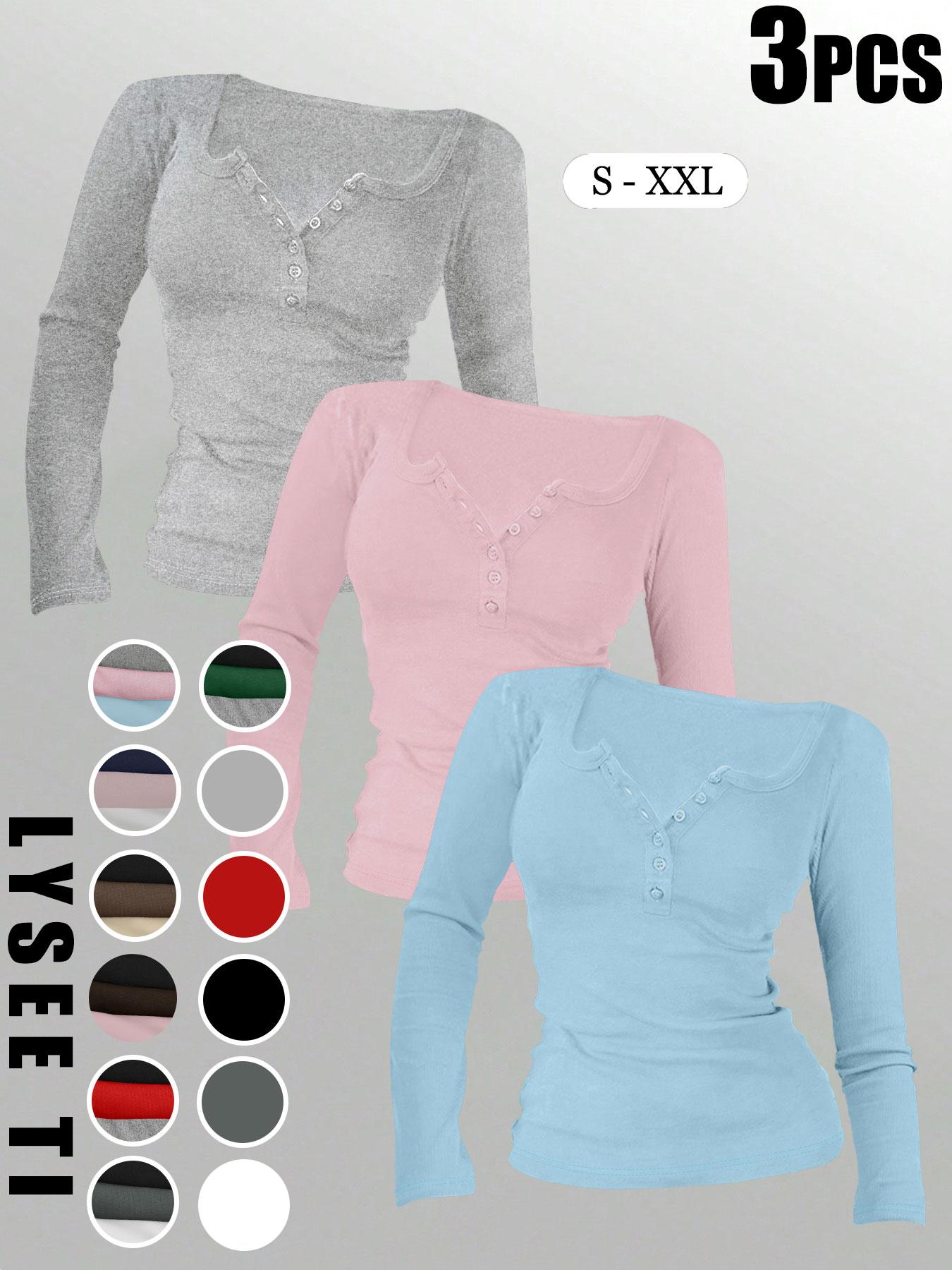 3pcs Autumn And Winter Women'S Casual Fashion Sporty Tee Set, With Multi Button Design, Solid Color Round Neck Long Sleeved Top, Athleisure Wear Set