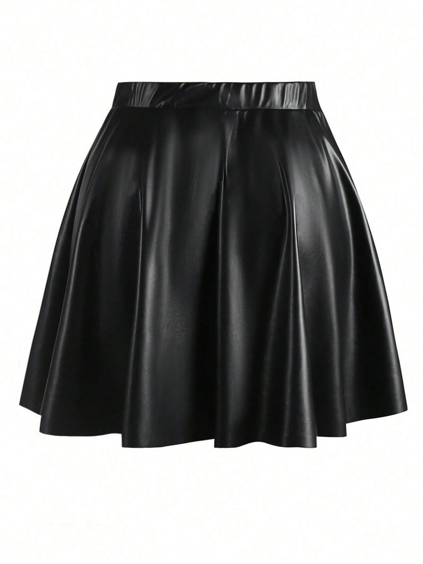 Plus Size Women’s Faux Leather Skater Skirt, High Waisted Flared Mini Skirt, Sexy A-Line Party Skirt for Going Out, Clubwear, Date Night and Casual Chic Outfits