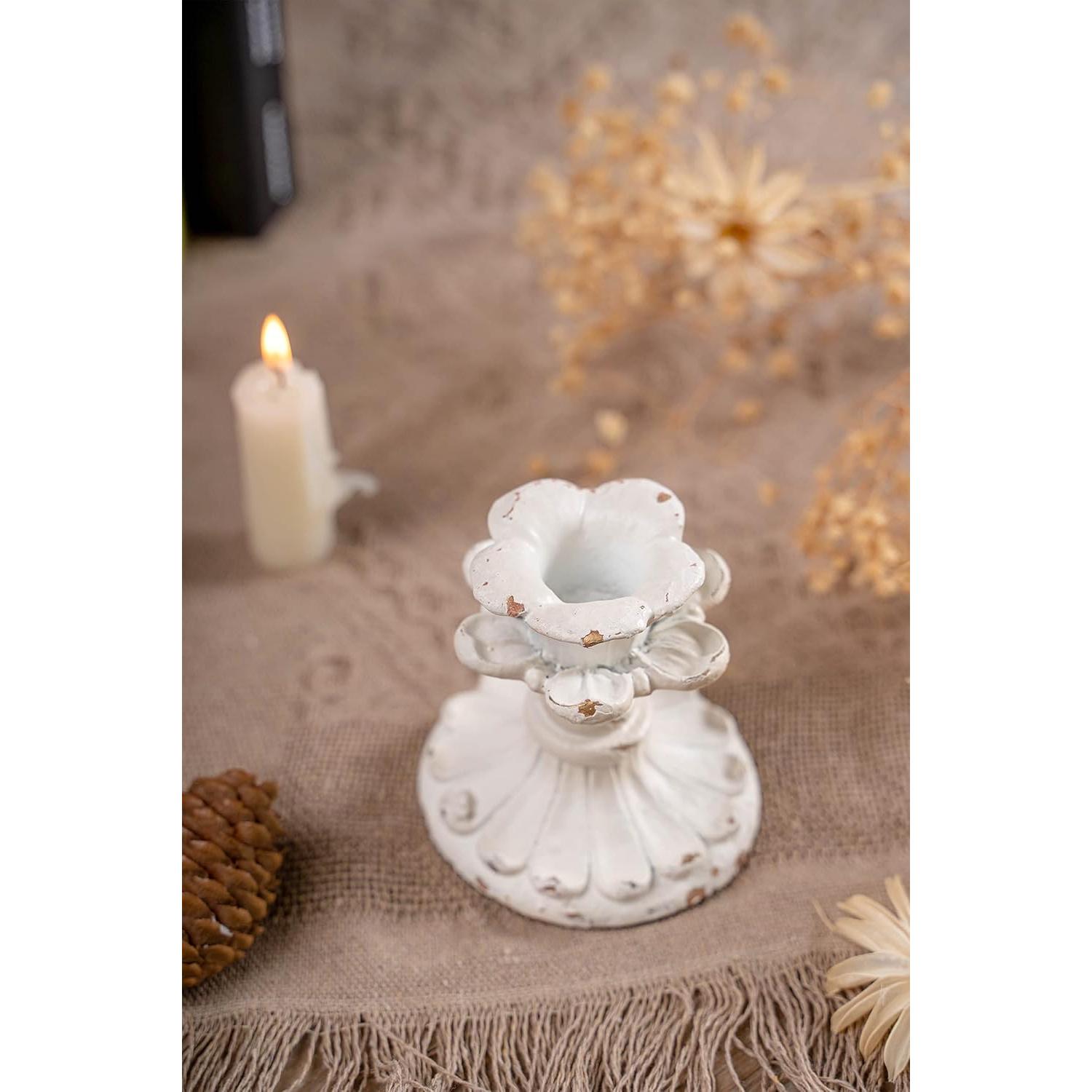 White Candle Stick Holder , Flower Candlestick Holder, 3 Inch Taper Candle Holder Small, Short Rustic Candle Centerpieces for Tables, Wedding, Dining, Party White Candle Stick Holder , Flower Candlestick Holder, 3 Inch Taper Candle Holder Small, Short Rustic Candle Centerpieces for Tables, Wedding, Dining, Party